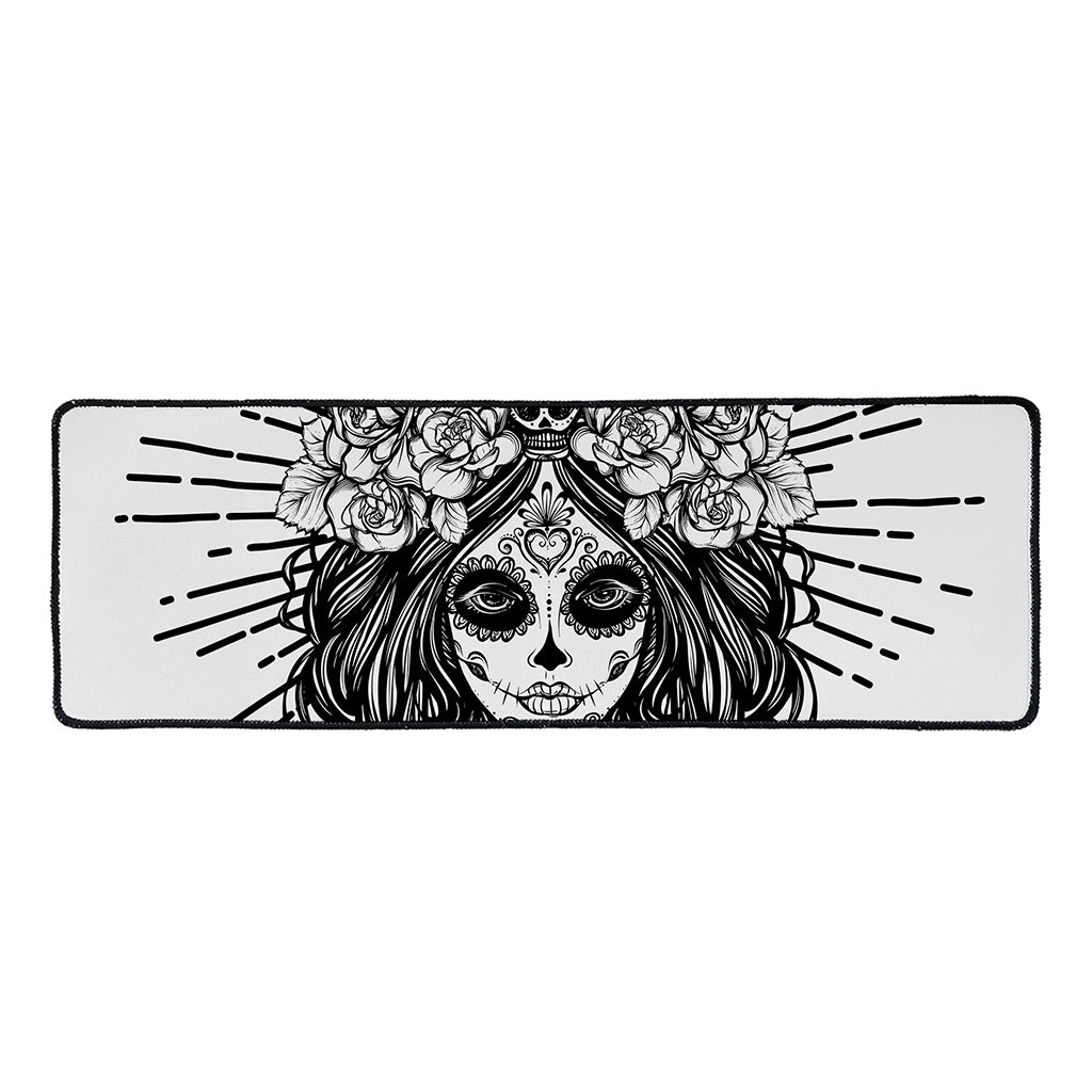 Black And White Calavera Girl Print Long Kitchen Mat