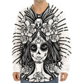 Black And White Calavera Girl Print Long Sleeve Baseball Jersey