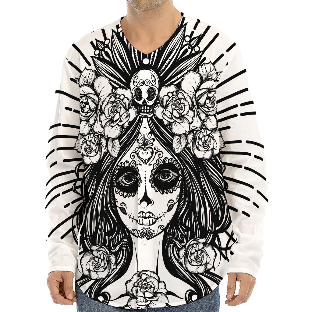 Black And White Calavera Girl Print Long Sleeve Baseball Jersey