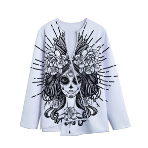 Black And White Calavera Girl Print Long Sleeve Short Coat