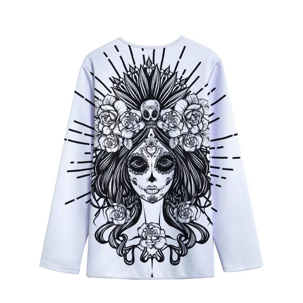 Black And White Calavera Girl Print Long Sleeve Short Coat