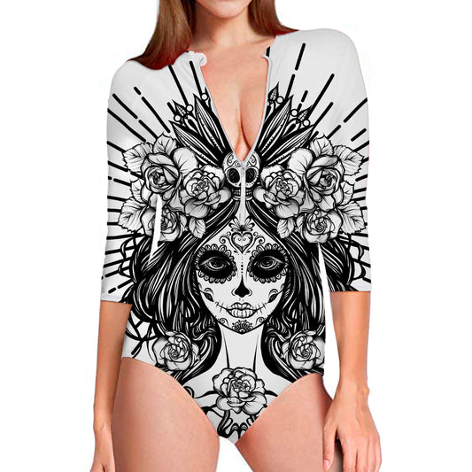 Black And White Calavera Girl Print Long Sleeve Swimsuit
