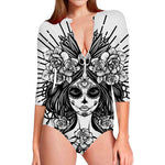 Black And White Calavera Girl Print Long Sleeve Swimsuit