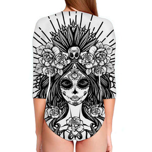 Black And White Calavera Girl Print Long Sleeve Swimsuit