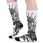 Black And White Calavera Girl Print Long Socks