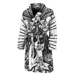 Black And White Calavera Girl Print Men's Bathrobe