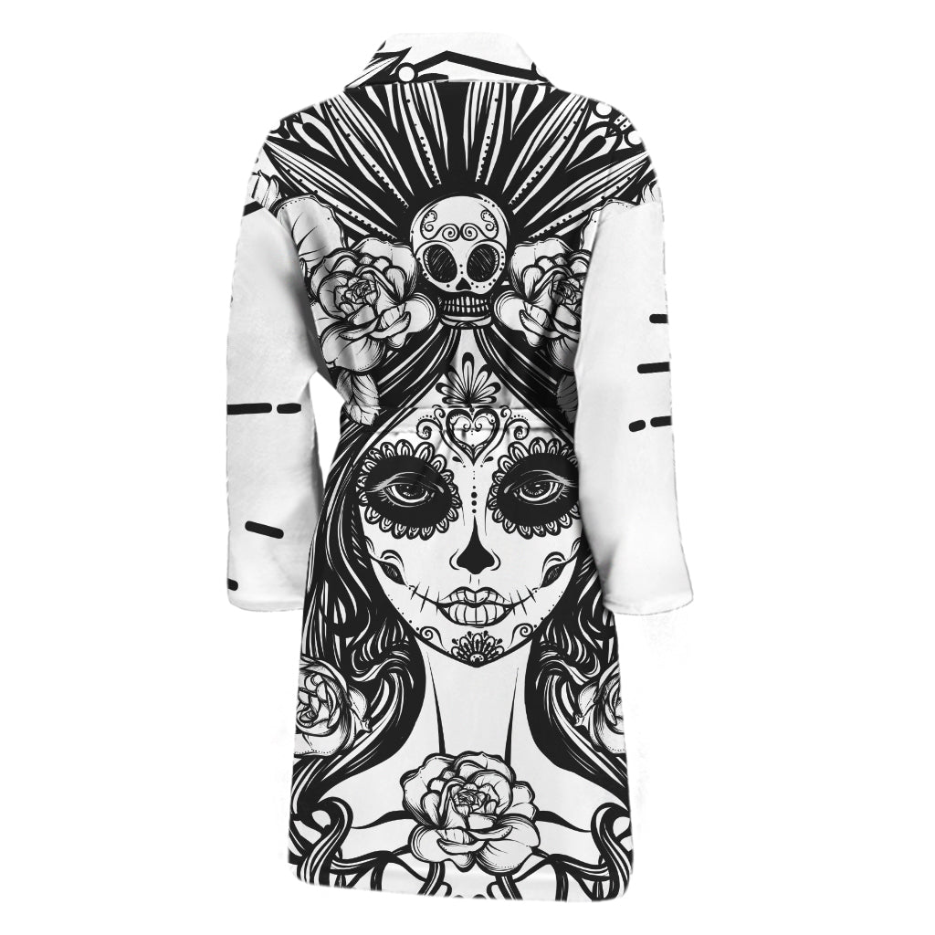 Black And White Calavera Girl Print Men's Bathrobe