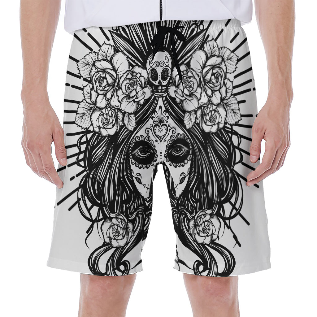 Black And White Calavera Girl Print Men's Beach Shorts