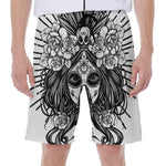 Black And White Calavera Girl Print Men's Beach Shorts