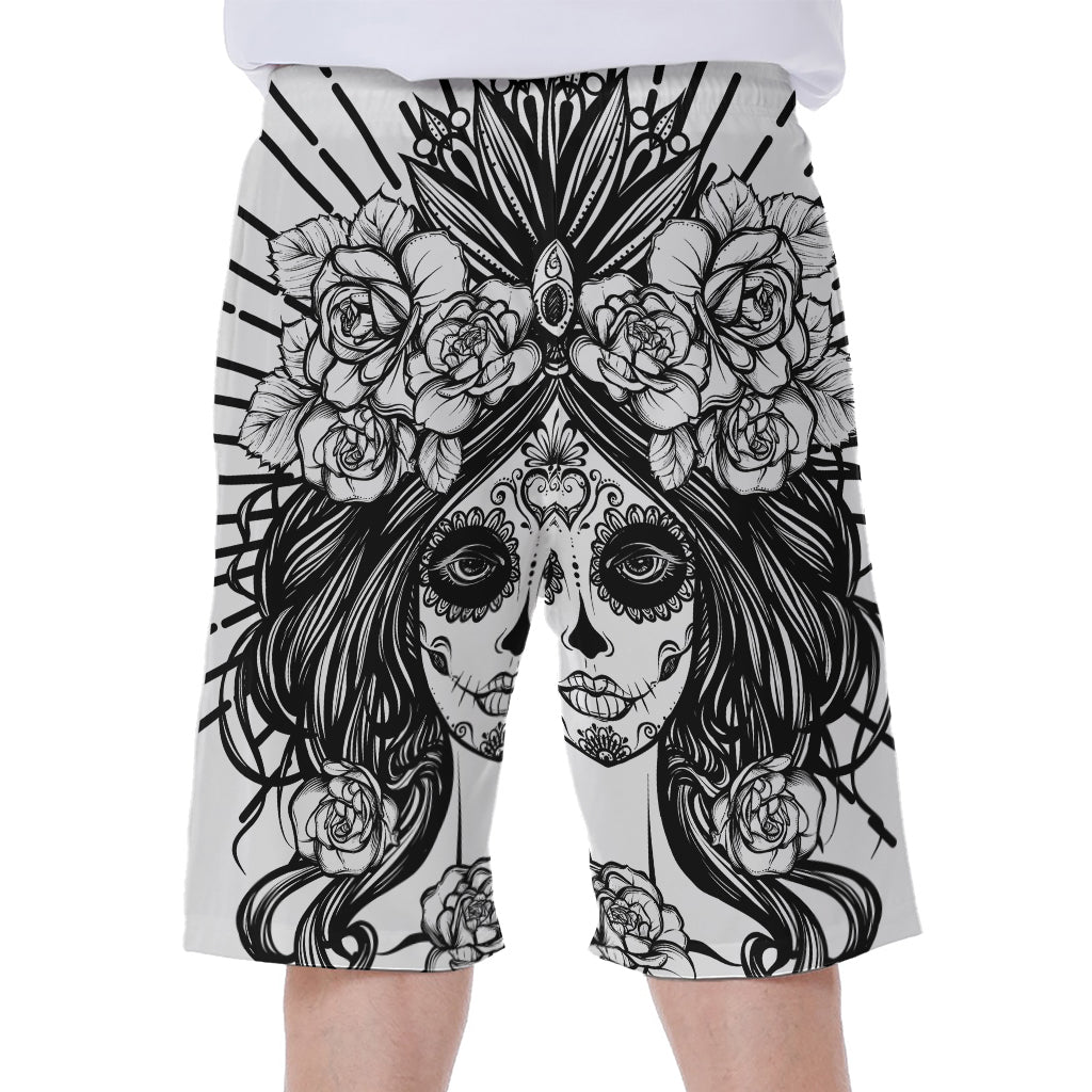 Black And White Calavera Girl Print Men's Beach Shorts