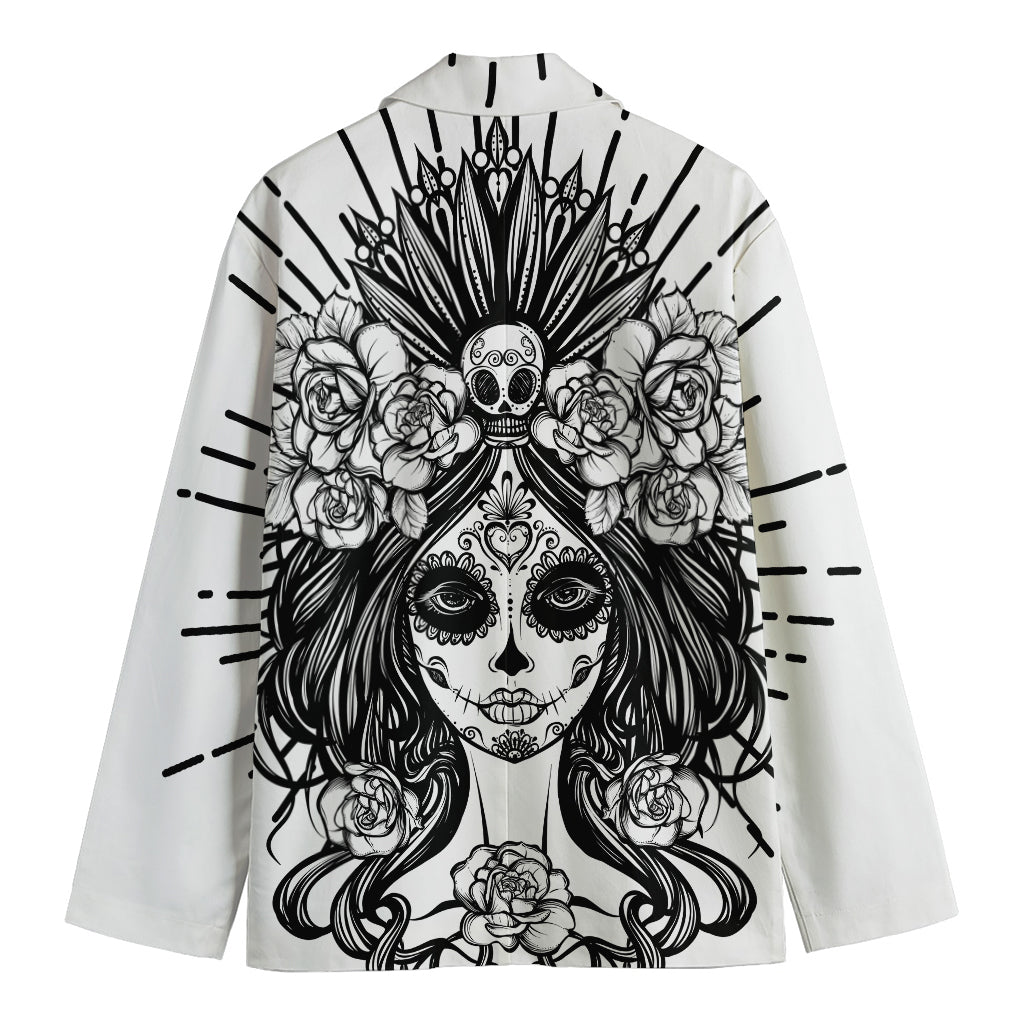 Black And White Calavera Girl Print Men's Blazer