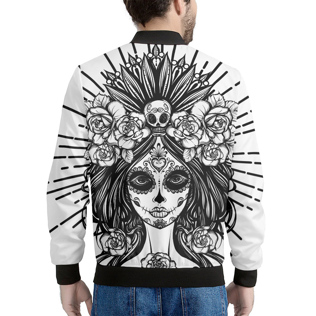 Black And White Calavera Girl Print Men's Bomber Jacket