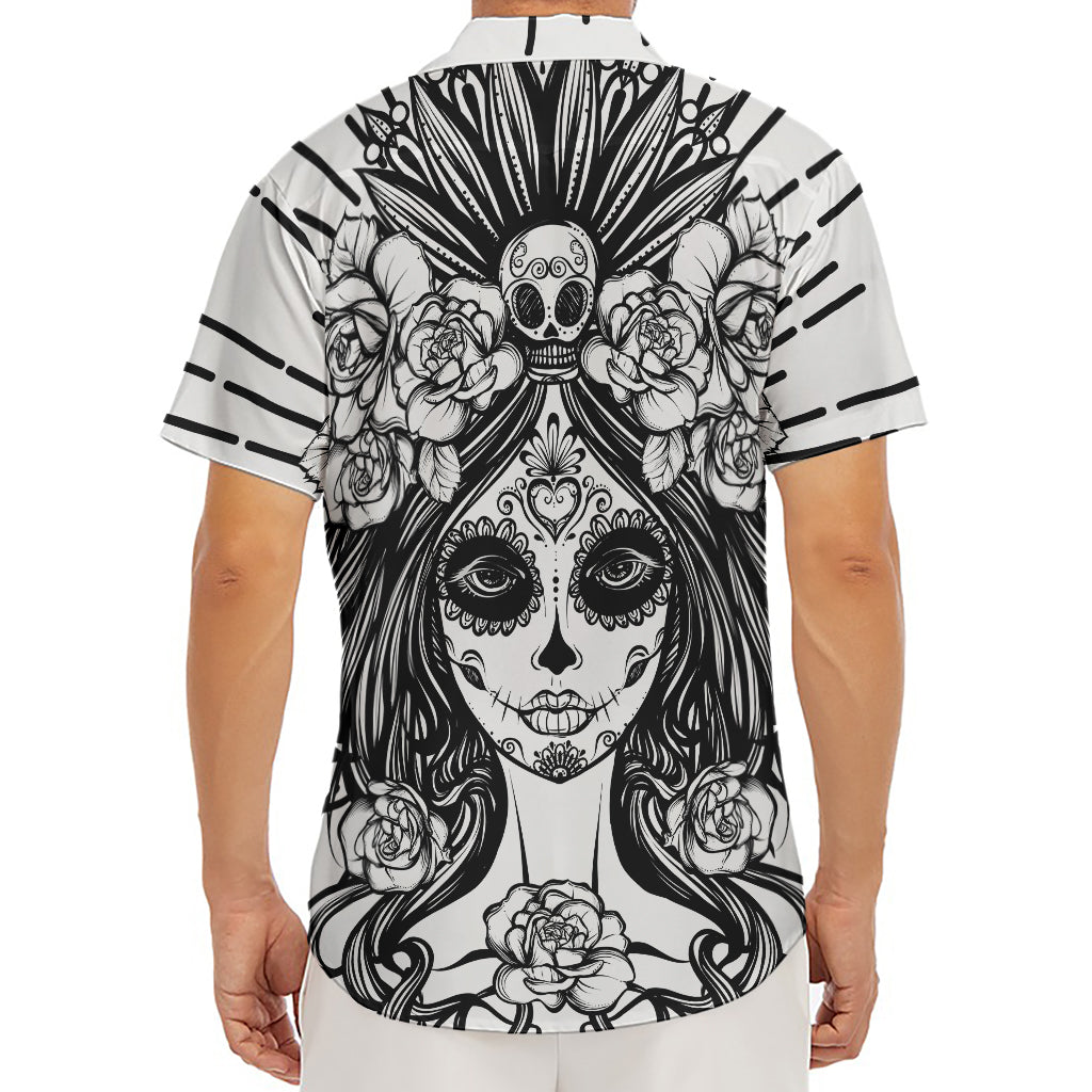 Black And White Calavera Girl Print Men's Deep V-Neck Shirt