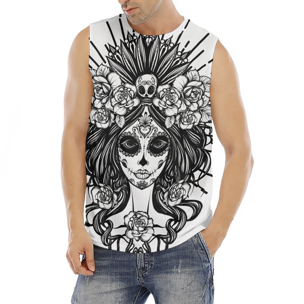 Black And White Calavera Girl Print Men's Fitness Tank Top