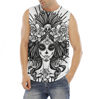 Black And White Calavera Girl Print Men's Fitness Tank Top
