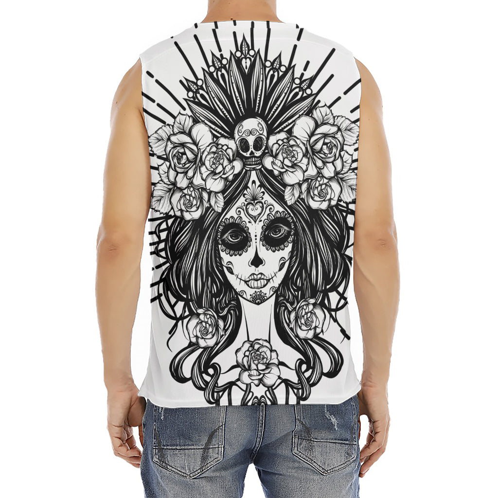 Black And White Calavera Girl Print Men's Fitness Tank Top