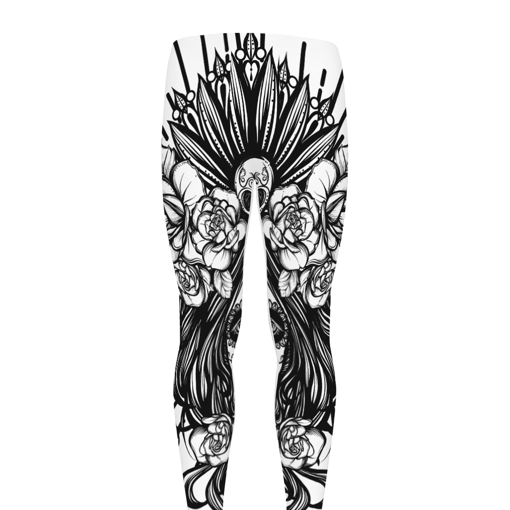 Black And White Calavera Girl Print Men's leggings