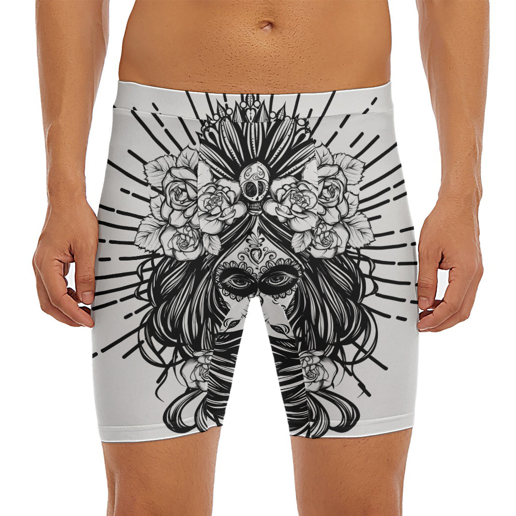 Black And White Calavera Girl Print Men's Long Boxer Briefs