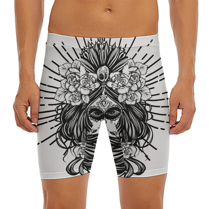 Black And White Calavera Girl Print Men's Long Boxer Briefs