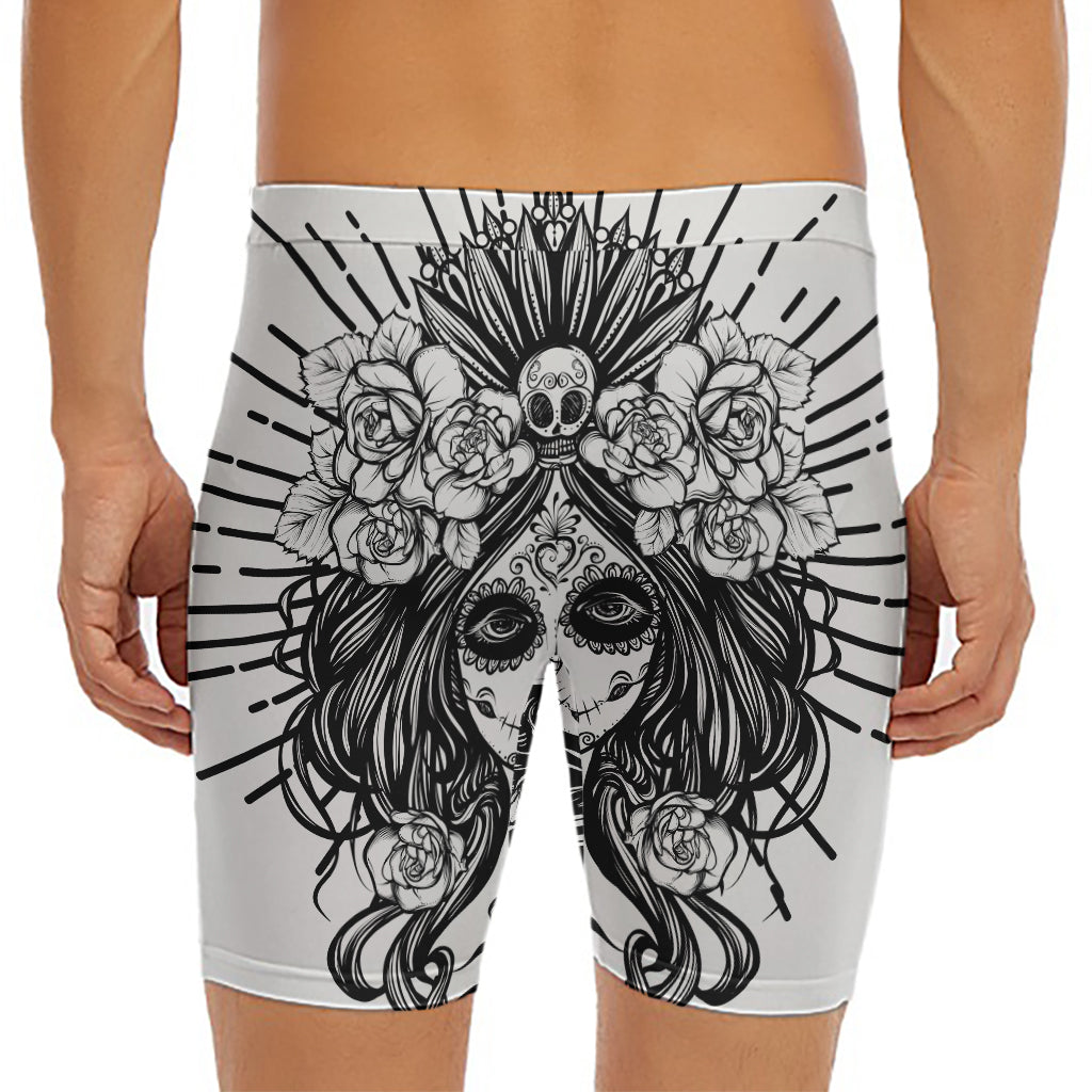 Black And White Calavera Girl Print Men's Long Boxer Briefs