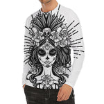 Black And White Calavera Girl Print Men's Long Sleeve Rash Guard