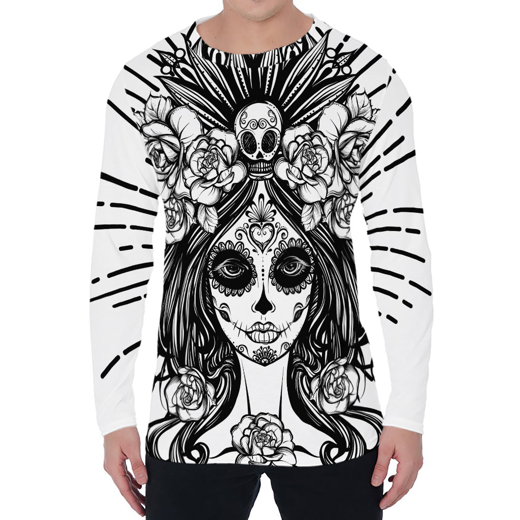 Black And White Calavera Girl Print Men's Long Sleeve T-Shirt