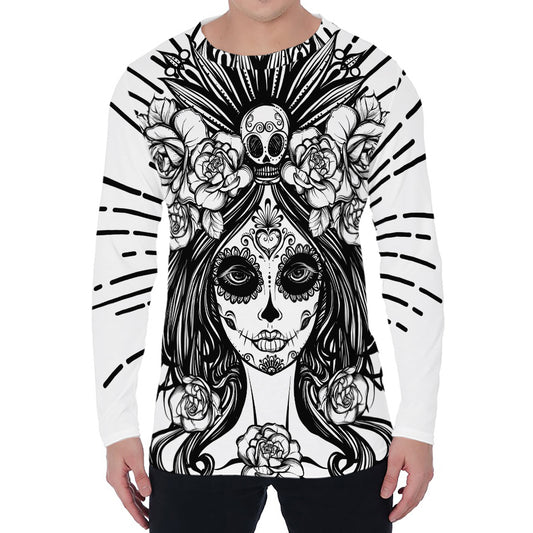 Black And White Calavera Girl Print Men's Long Sleeve T-Shirt