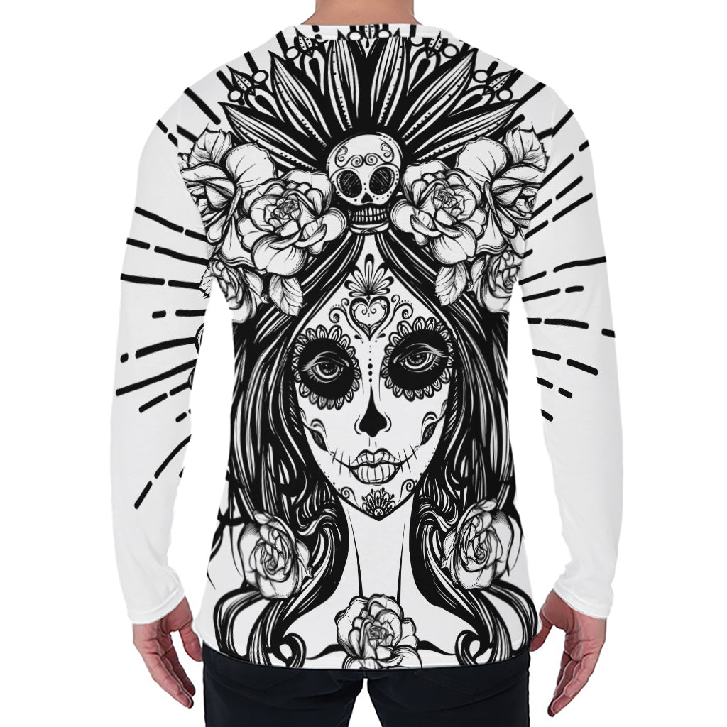 Black And White Calavera Girl Print Men's Long Sleeve T-Shirt