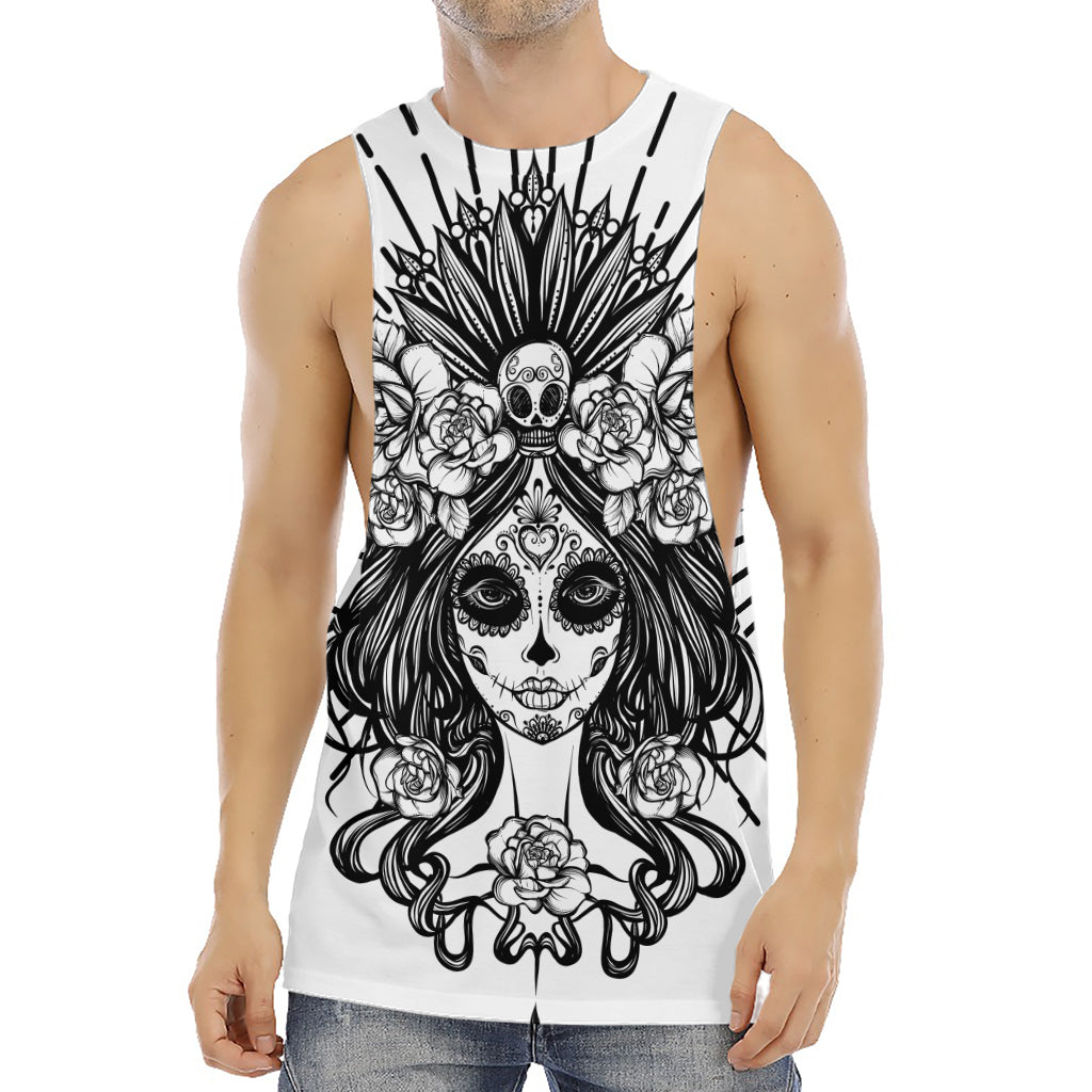 Black And White Calavera Girl Print Men's Muscle Tank Top