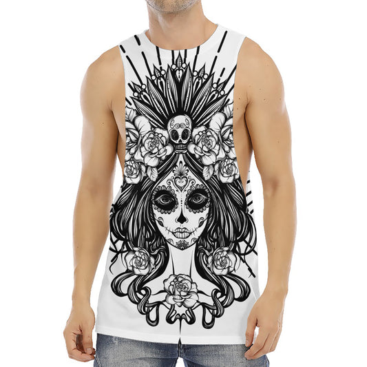 Black And White Calavera Girl Print Men's Muscle Tank Top
