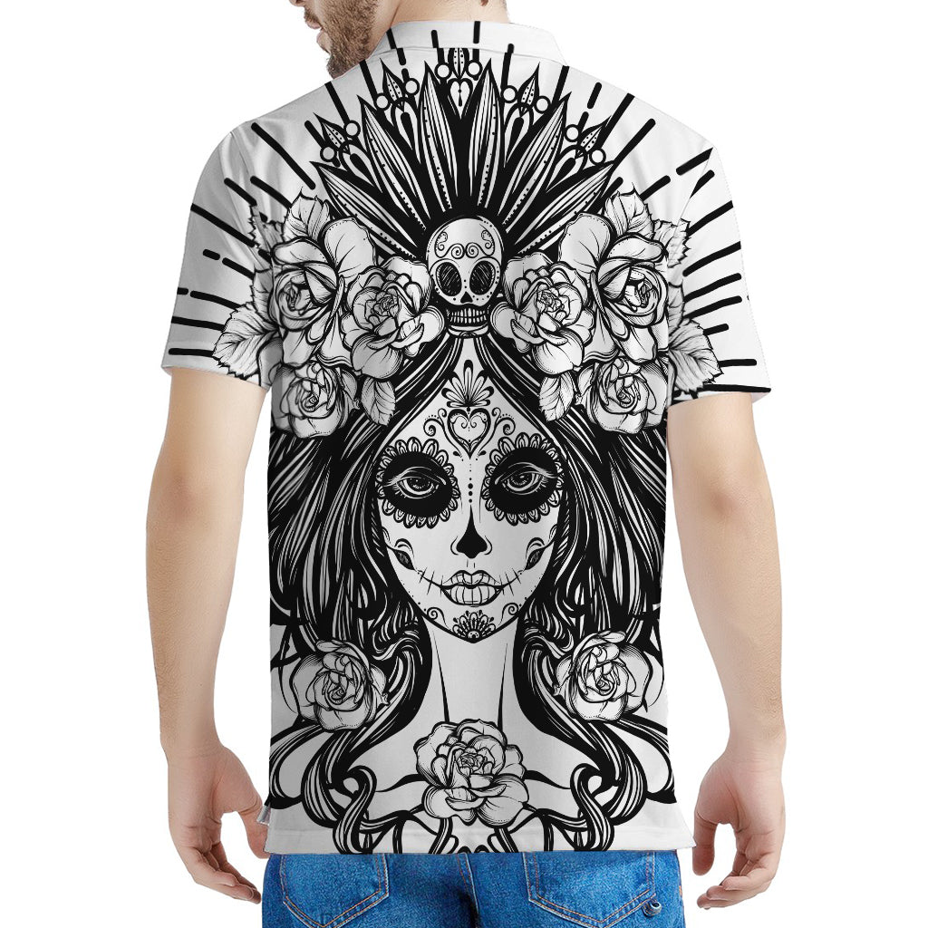 Black And White Calavera Girl Print Men's Polo Shirt