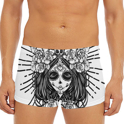 Black And White Calavera Girl Print Men's Short Boxer Briefs