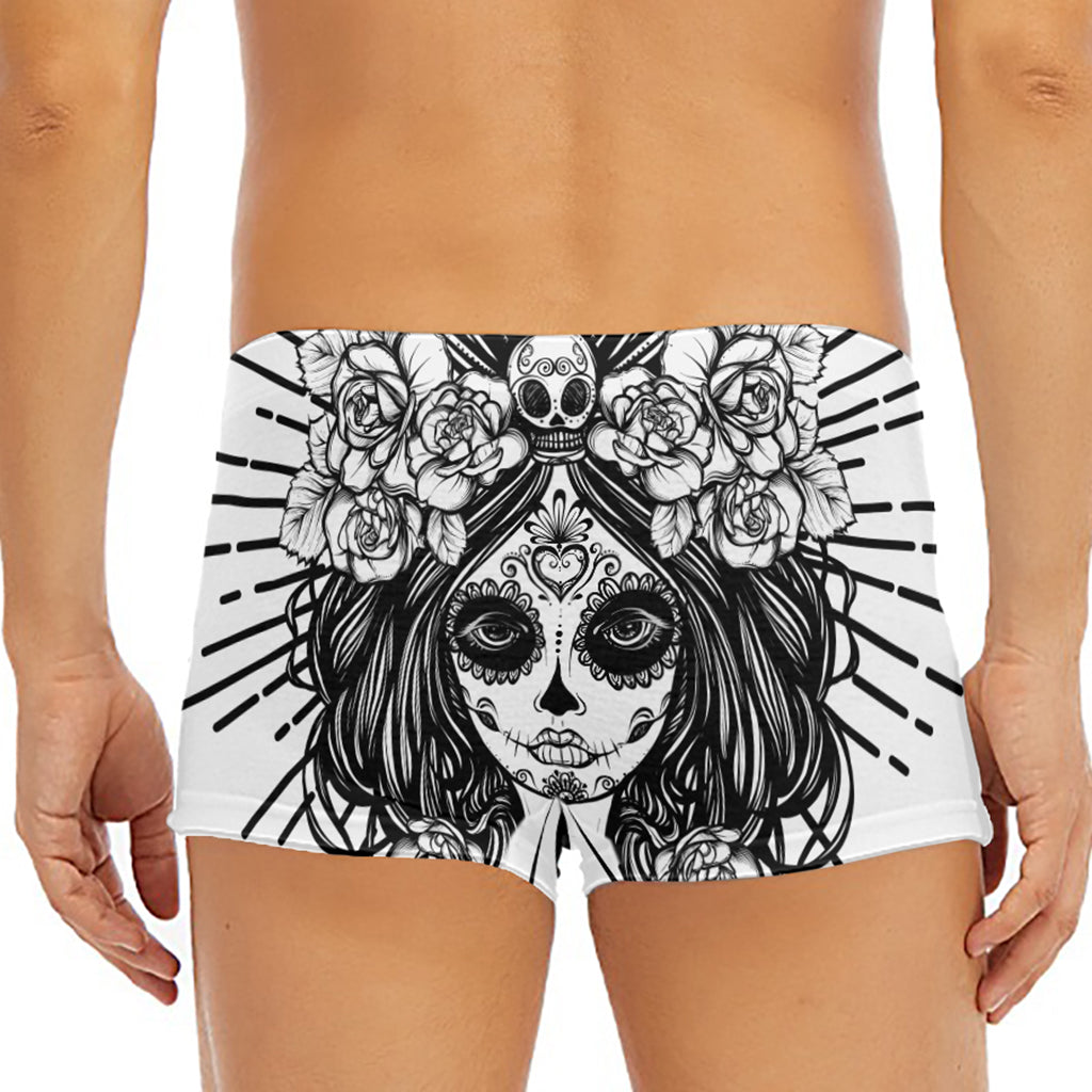 Black And White Calavera Girl Print Men's Short Boxer Briefs
