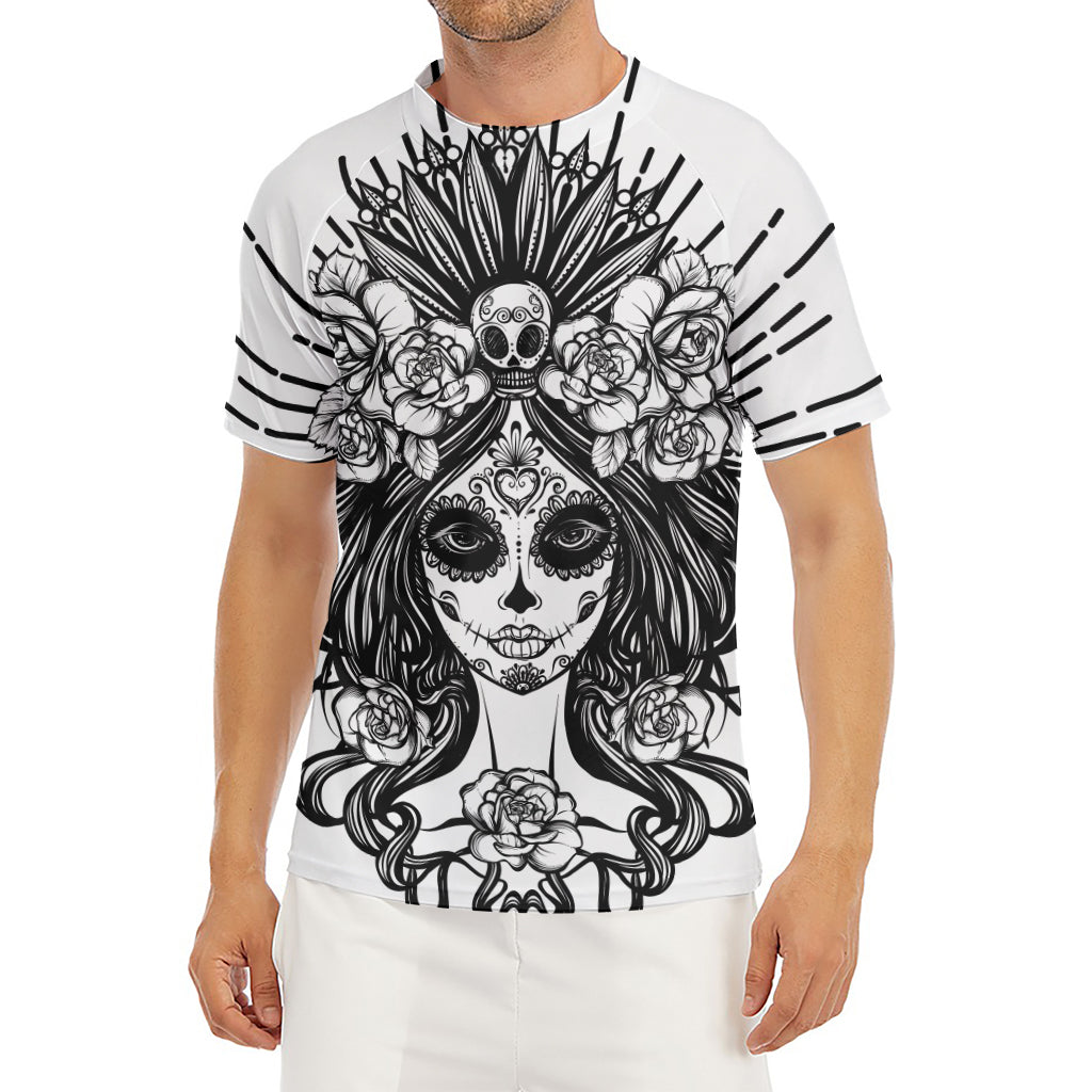 Black And White Calavera Girl Print Men's Short Sleeve Rash Guard