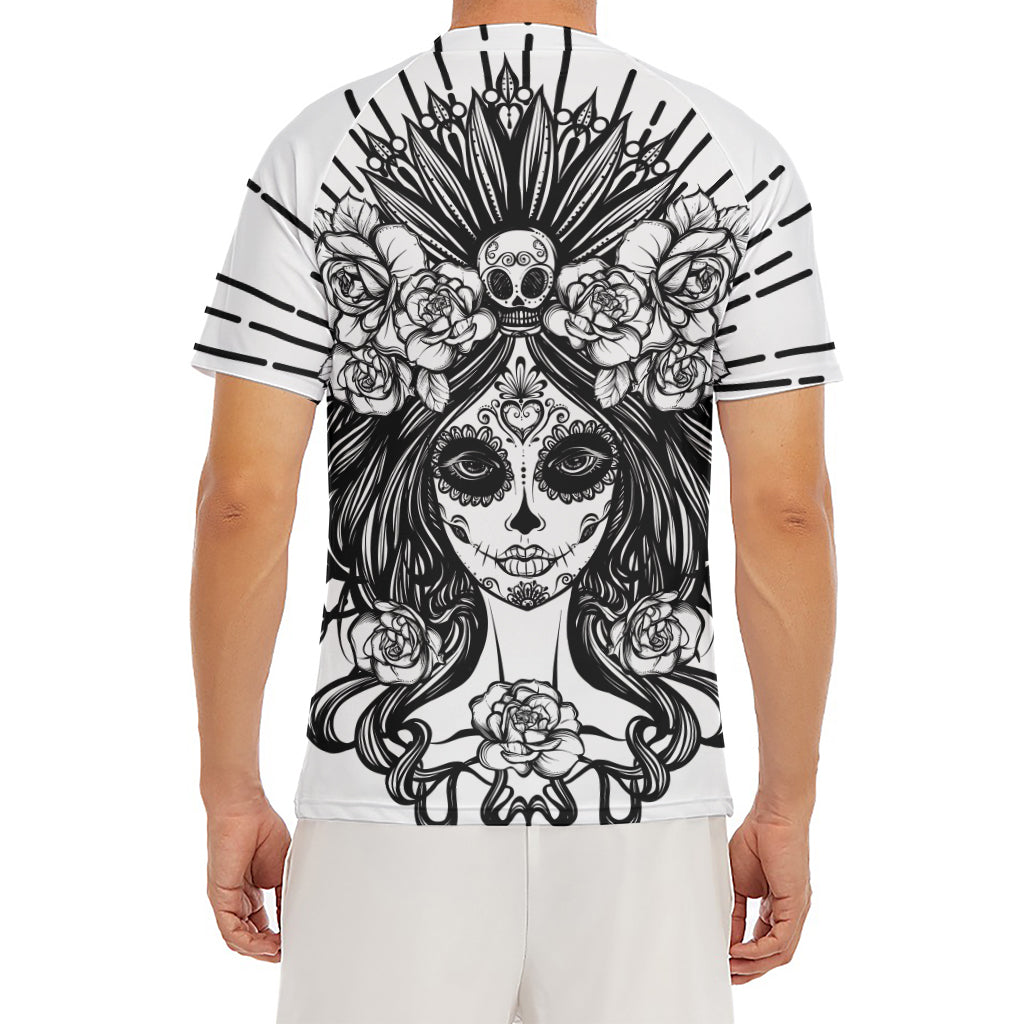 Black And White Calavera Girl Print Men's Short Sleeve Rash Guard