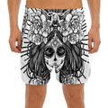 Black And White Calavera Girl Print Men's Split Running Shorts