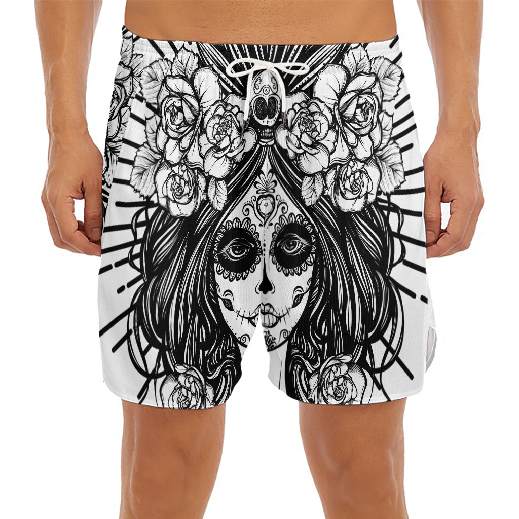 Black And White Calavera Girl Print Men's Split Running Shorts