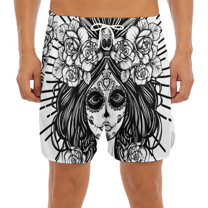 Black And White Calavera Girl Print Men's Split Running Shorts