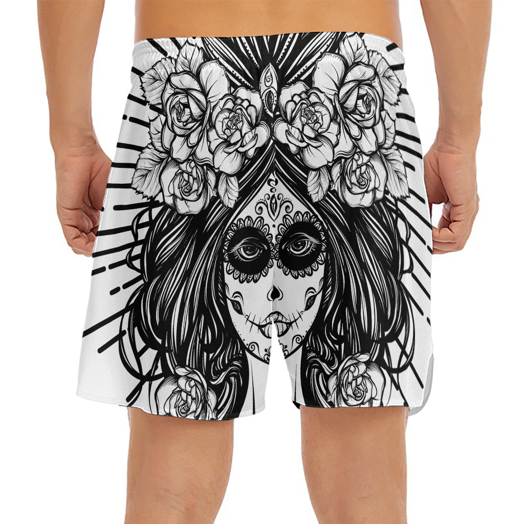 Black And White Calavera Girl Print Men's Split Running Shorts