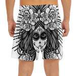 Black And White Calavera Girl Print Men's Split Running Shorts