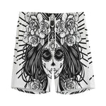 Black And White Calavera Girl Print Men's Sports Shorts