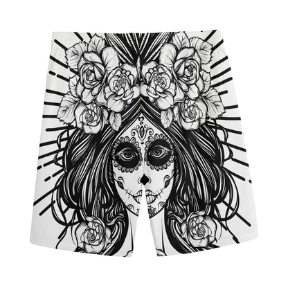 Black And White Calavera Girl Print Men's Sports Shorts
