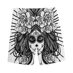 Black And White Calavera Girl Print Men's Sports Shorts