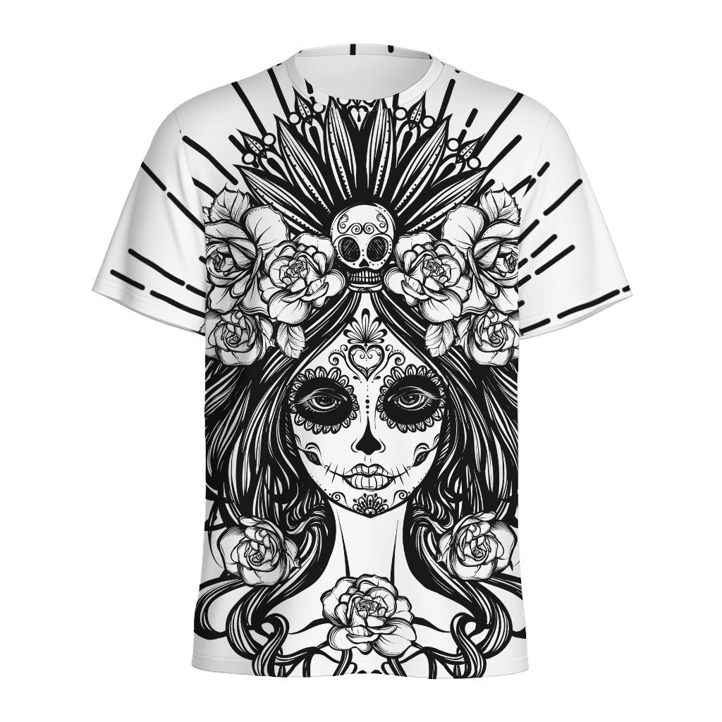 Black And White Calavera Girl Print Men's Sports T-Shirt