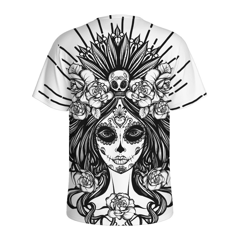 Black And White Calavera Girl Print Men's Sports T-Shirt