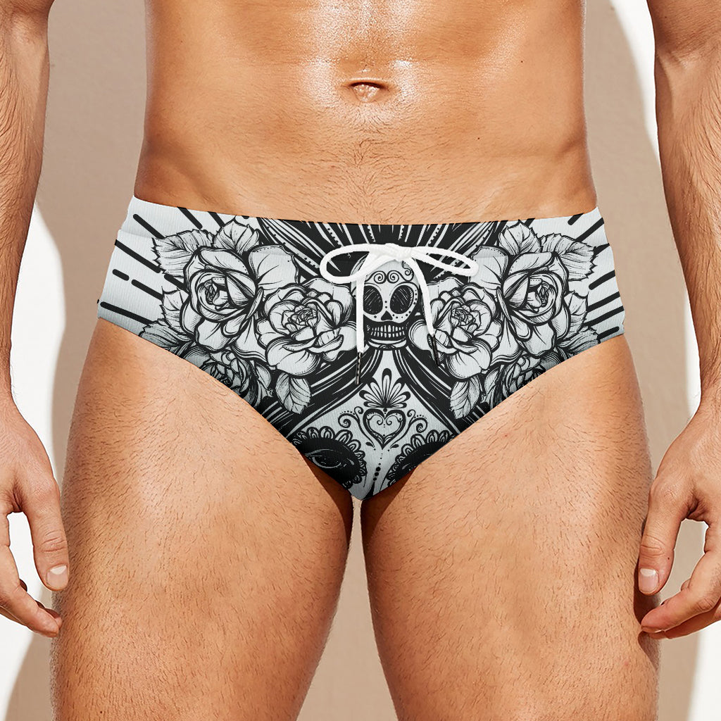 Black And White Calavera Girl Print Men's Swim Briefs