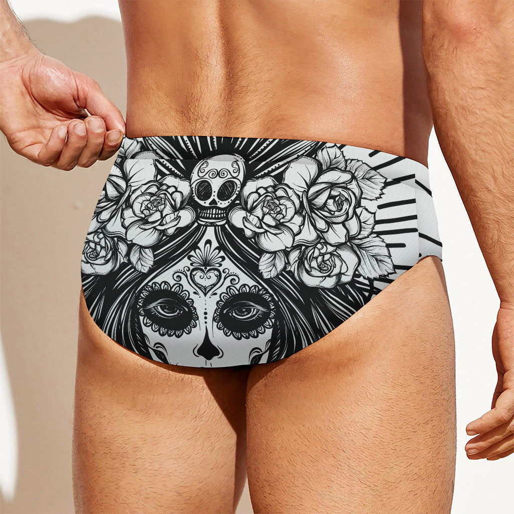 Black And White Calavera Girl Print Men's Swim Briefs