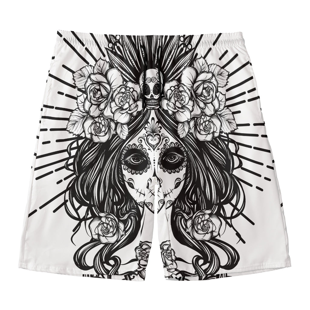 Black And White Calavera Girl Print Men's Swim Trunks