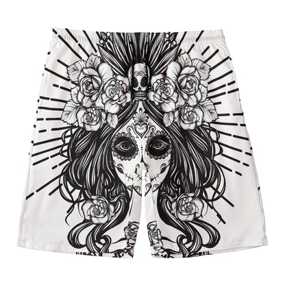 Black And White Calavera Girl Print Men's Swim Trunks