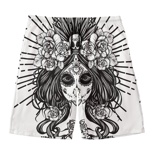 Black And White Calavera Girl Print Men's Swim Trunks
